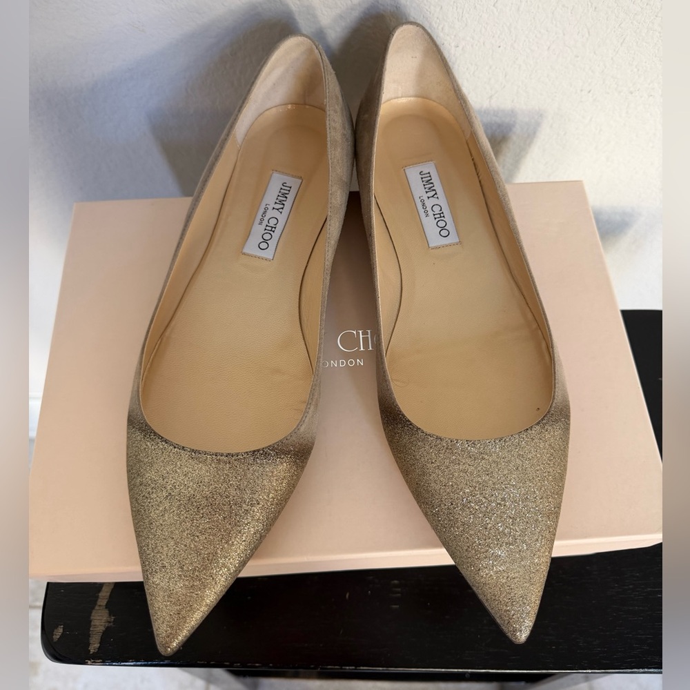 Jimmy Choo Alina Taupe Suede Degrade Crystals Glittering Gold Flats 42